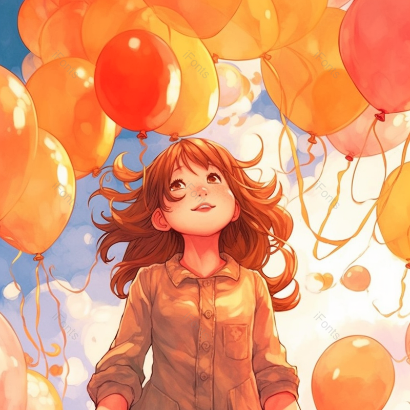 橙色头发仰望天空一个女孩小孩欢乐看气球飘起来纯洁可爱插画,插画/手绘图,插画/手绘图库,插画/手绘图下载,插画/手绘